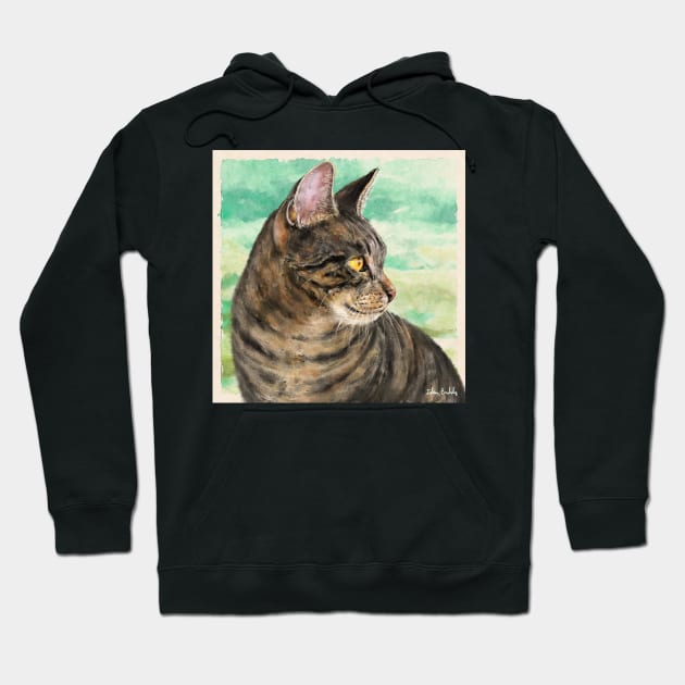 Painting of a Gray Cat with Stripes Looking to the Right, Green Yellow Background Hoodie by ibadishi